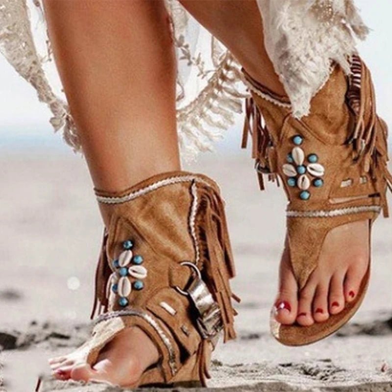 Sandália Feminina Boho com Franja e Conchas – Estilo Hippie Chic Retrô - Cuidarte Integral
