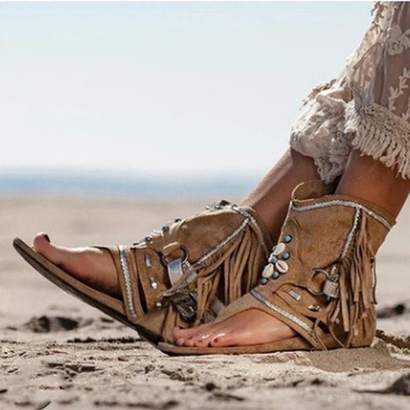 Sandália Feminina Boho com Franja e Conchas – Estilo Hippie Chic Retrô - Cuidarte Integral