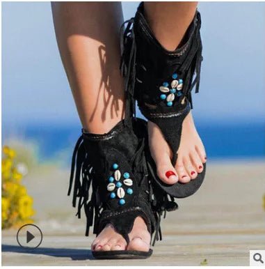 Sandália Feminina Boho com Franja e Conchas – Estilo Hippie Chic Retrô - Cuidarte Integral