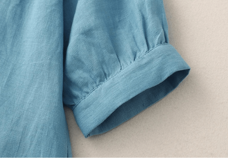 Vestido Feminino Longo Azul de Algodão e Linho – Casual, meia manga - Cuidarte Integral