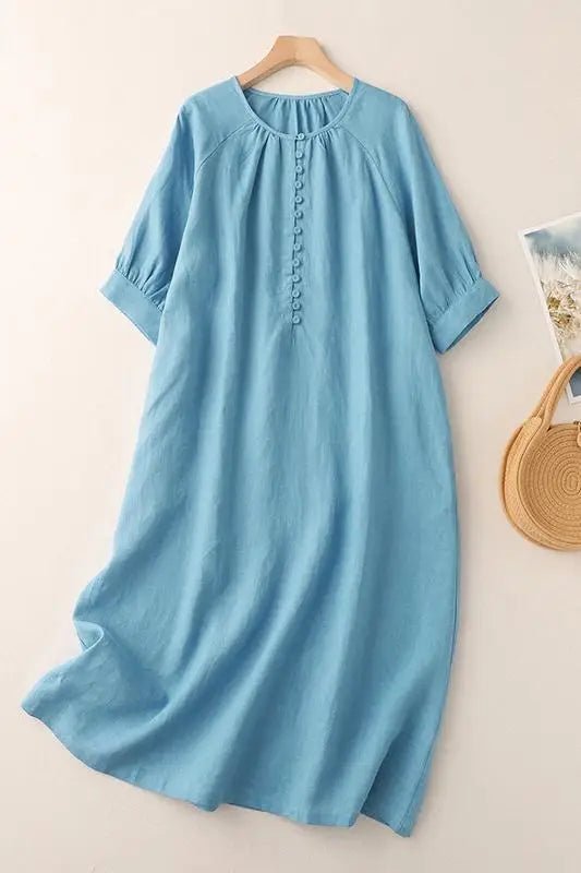 Vestido Feminino Longo Azul de Algodão e Linho – Casual, meia manga - Cuidarte Integral