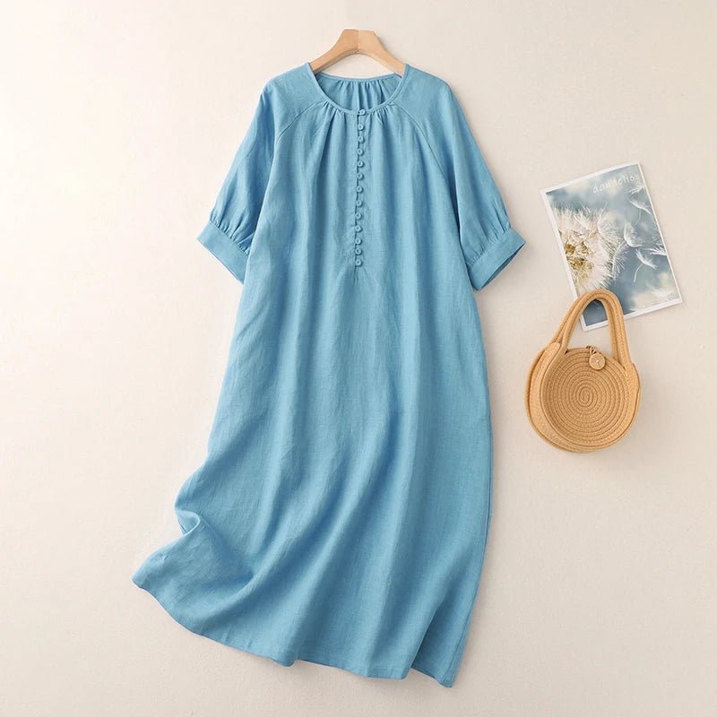 Vestido Feminino Longo Azul de Algodão e Linho – Casual, meia manga - Cuidarte Integral
