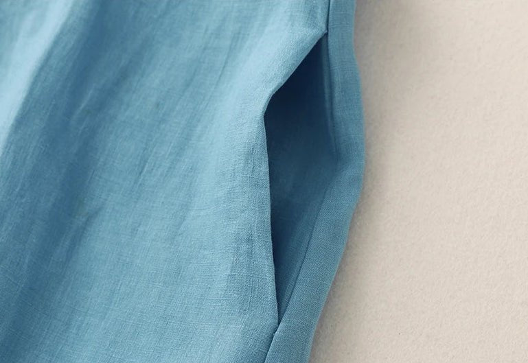 Vestido Feminino Longo Azul de Algodão e Linho – Casual, meia manga - Cuidarte Integral