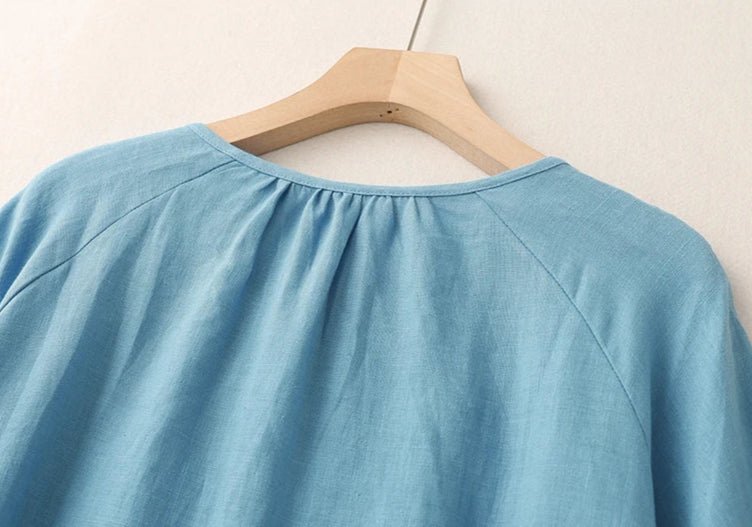 Vestido Feminino Longo Azul de Algodão e Linho – Casual, meia manga - Cuidarte Integral