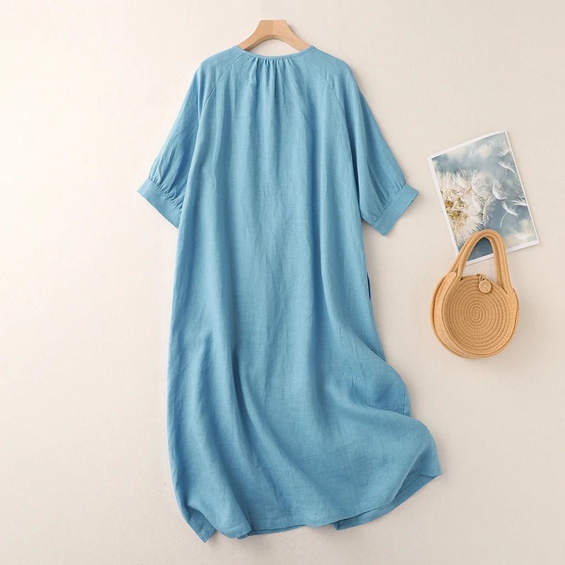 Vestido Feminino Longo Azul de Algodão e Linho – Casual, meia manga - Cuidarte Integral